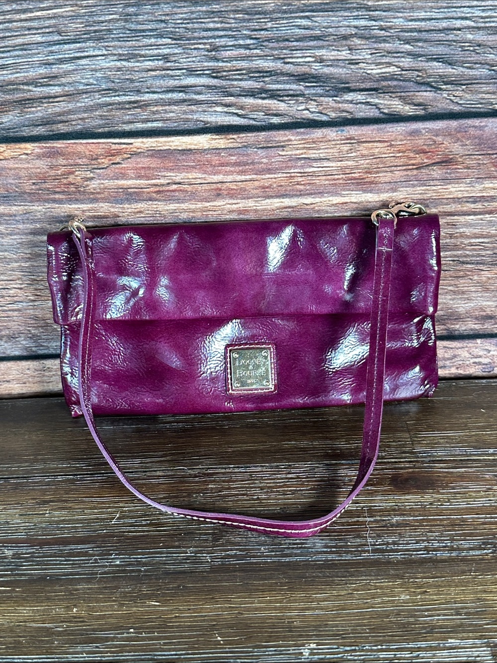 Dooney & Bourke Plum Patent Leather Fold-Over Clutch Shoulder Bag